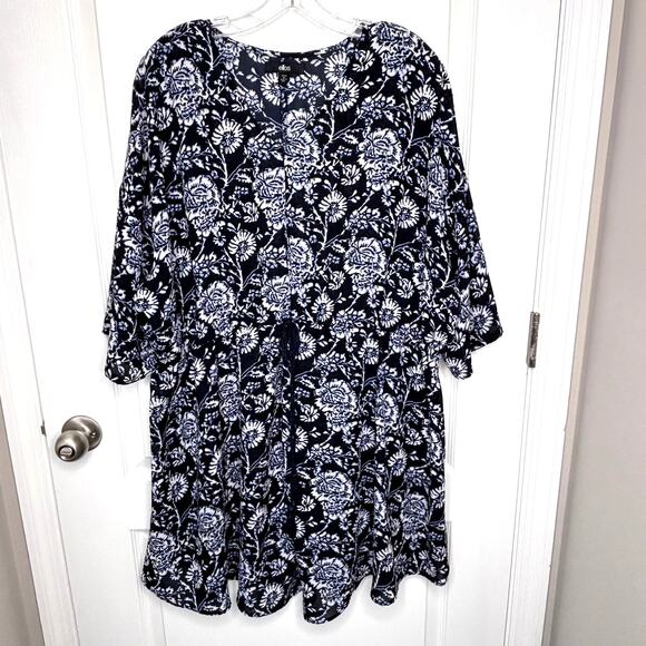 Ellos Wms 1X Blue Floral Dress Tie Waist Beach Resortwear Vacation Swim Cover Up - Picture 2 of 8